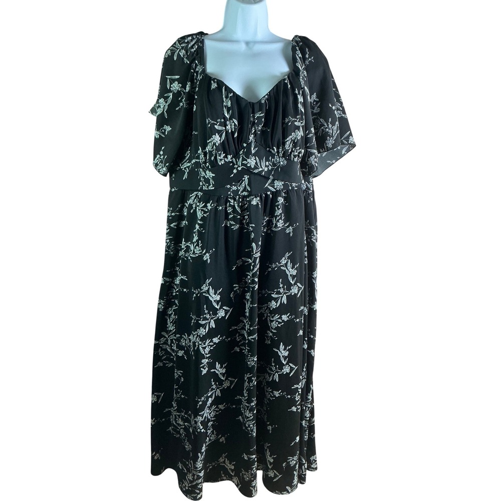 Black Floral Smocked‎ Back Midi Dress Plus Size 3X Short Sleeve Square Neck